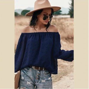 Navy dotted flowy off shoulder long sleeve blouse, size L, new